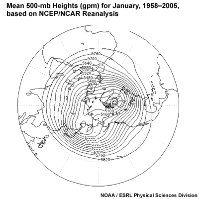 Mean 500-mb Heights (gpm) for January, 1958&ndash;2005, based on NCEP/NCAR Reanalysis