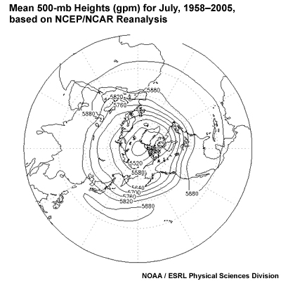 Mean 500-mb Heights (gpm) for July, 1958&ndash;2005, based on NCEP/NCAR Reanalysis