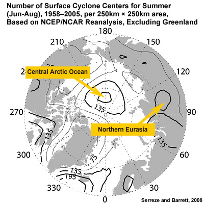 Number of surface cyclone centers, 1958&ndash;2005, per 250km &times; 250km area for summer (Dec-Feb) based on NCEP/NCAR Reanalysis, excluding Greenland