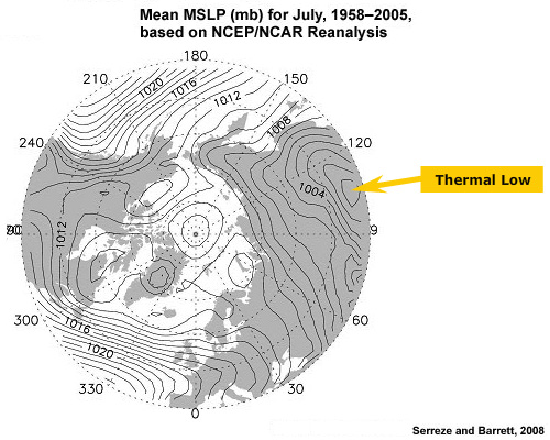 Mean MSLP (mb) for July, 1958&ndash;2005, based on NCEP/NCAR Reanalysis