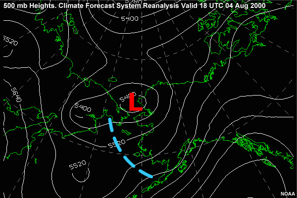 500 mb Heights. Climate Forecast System Reanalysis valid 18 UTC 04 Aug 2000