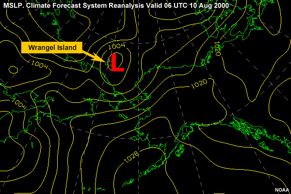 MSLP in the Alaska region. Climate Forecast System Reanalysis valid 06 UTC 10 Aug 2000