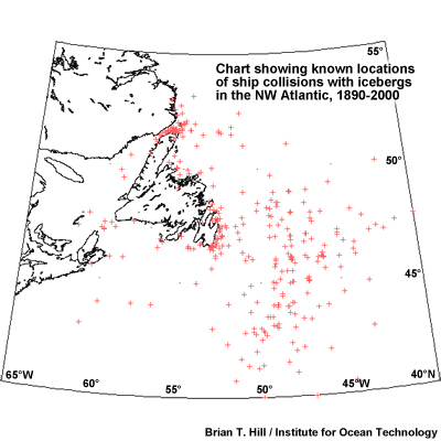 Chart showing known locations of ship collisions with icebergs in the NW Atlantic