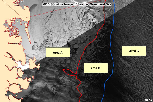 MODIS visible image of sea ice, Greenland Sea