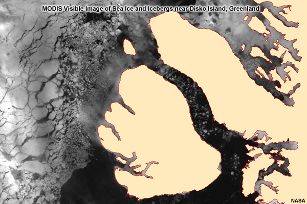 MODIS visible image of sea ice and icebergs near Disko Island, Greenland