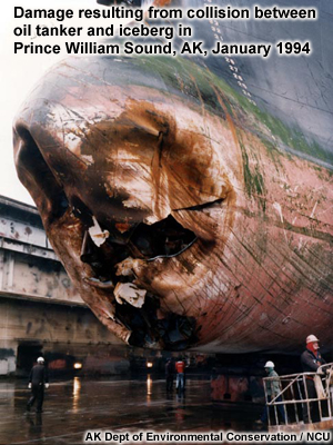 Photo showing damage resulting from collision between the oil tanker Overseas Ohio and an iceberg in Prince William Sound, Alaska, in January 1994